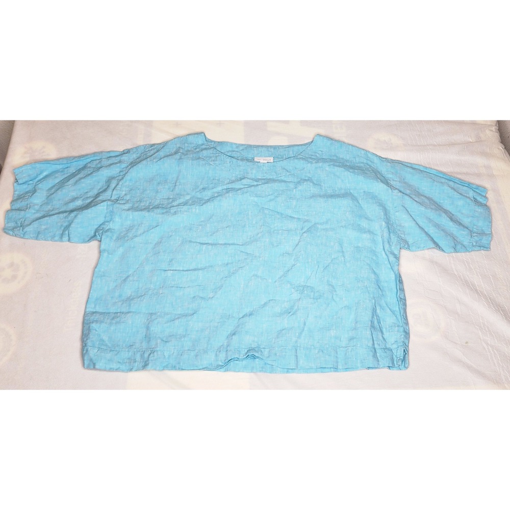 Pure Jill Linen Top Petite Medium Blue Short Sleeve‎ Boxy Casual Summer Blouse
